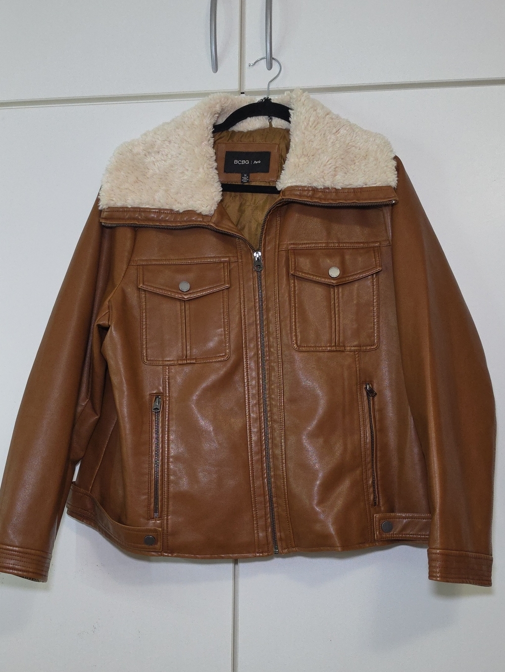 BCBG Brown Faux Leather Jacket with Cream Sherpa Collar